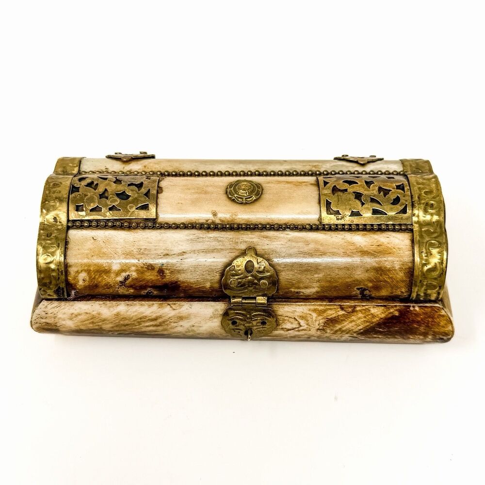 Vintage Handmade Camel Bone Jewelry Box Brass Inlay Trinket Keepsake Box 6”
